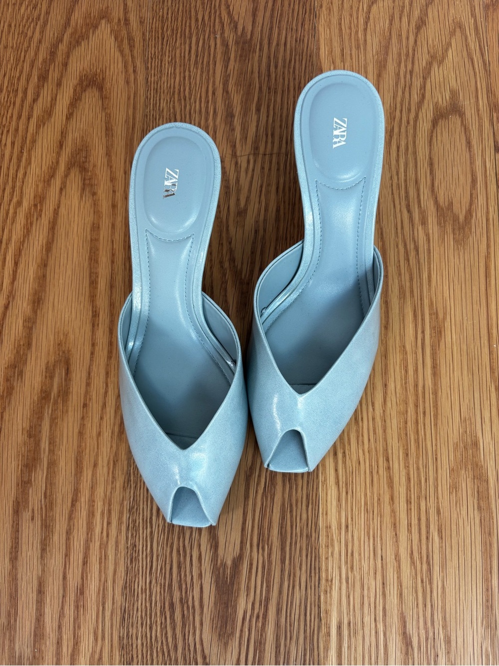 Zara Light Blue Peep-Toe Slip-On Kitten Heels
